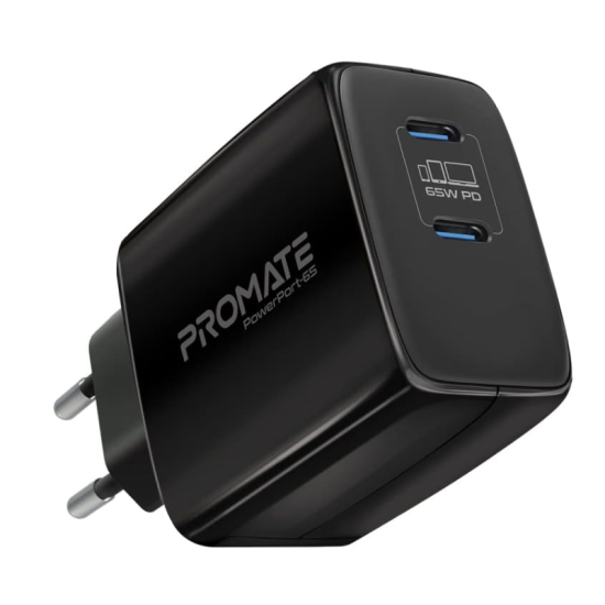 Promate 65W USB-C Power Delivery GaN Charger, Universal Powerful GaN Tech Fast Charger with 2 Type-C Port, Adaptive Charging and Over-Charging Protection for USB-C Powered Devices, POWERPORT-65.EU-BK Promate 65W USB-C Power Delivery GaN Charger, Universal Powerful GaN Tech Fast Charger with 2 Type-C Port, Adaptive Charging and Over-Charging Protection for USB-C Powered Devices, POWERPORT-65.EU-BK