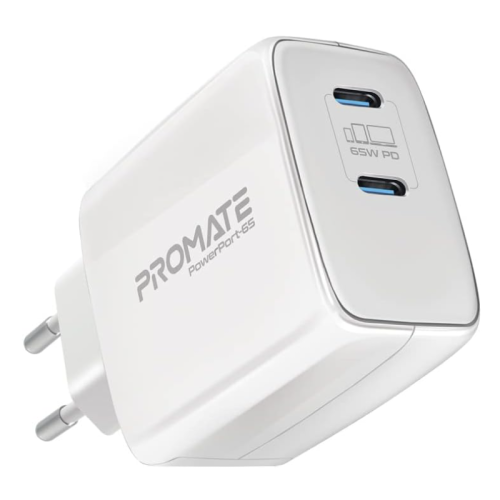 Promate 65W USB-C Power Delivery GaN Charger, Universal Powerful GaN Tech Fast Charger with 2 Type-C Port, Adaptive Charging and Over-Charging Protection for USB-C Powered Devices, POWERPORT-65.EU-WT