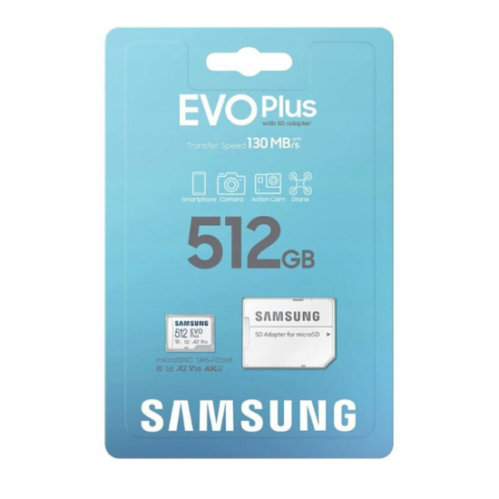 Samsung EVO PLUS microSDXC 512GB UHS-I U3 A2 V30 class 10 memory card + adapter for SD Samsung EVO PLUS microSDXC 512GB UHS-I U3 A2 V30 class 10 memory card + adapter for SD