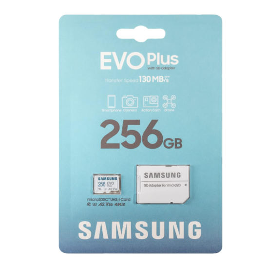 Samsung EVO PLUS microSDXC 256GB UHS-I U3 A2 V30 class 10 memory card + adapter for SD Samsung EVO PLUS microSDXC 256GB UHS-I U3 A2 V30 class 10 memory card + adapter for SD