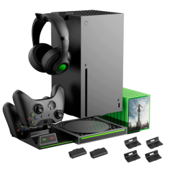 Vertical Stand Compatible with Xbox Series X Console, Dual Charging Station with 2 Rechargeable Battery for Xbox Series X Controller, with 10 Game Card Slot and Headphones Holder & 4 Cover… Vertical Stand Compatible with Xbox Series X Console, Dual Charging Station with 2 Rechargeable Battery for Xbox Series X Controller, with 10 Game Card Slot and Headphones Holder & 4 Cover…