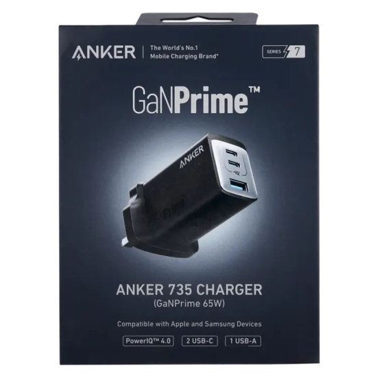 Anker 735 Charger GaNPrime 65W 3 Ports 2 USBC & 1 USB A Black Anker 735 Charger GaNPrime 65W 3 Ports 2 USBC & 1 USB A Black