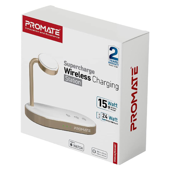 Promate Aluminum Wireless Charger Stand, Multi-Device Charging Station with Qi-Certified 15W Fast Charging Pad, 24W SuperCharge USB Port and 5W MFi Certified Apple Watch Charger, WavePower Gold Promate Aluminum Wireless Charger Stand, Multi-Device Charging Station with Qi-Certified 15W Fast Charging Pad, 24W SuperCharge USB Port and 5W MFi Certified Apple Watch Charger, WavePower Gold