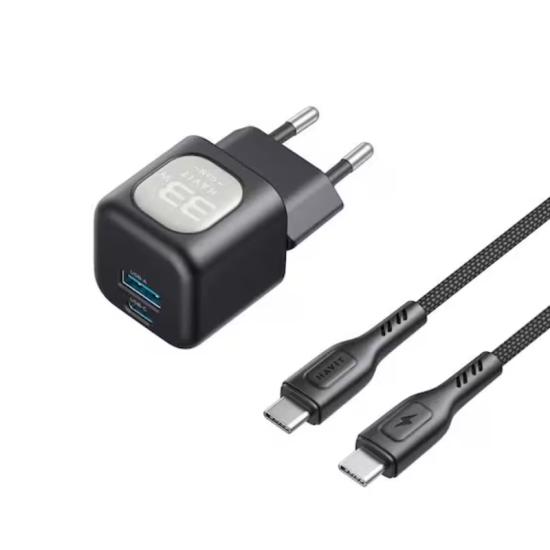 Havit UC233 33W GaN Travel CHARGER WITH USB-C TO USB-C Cable Black