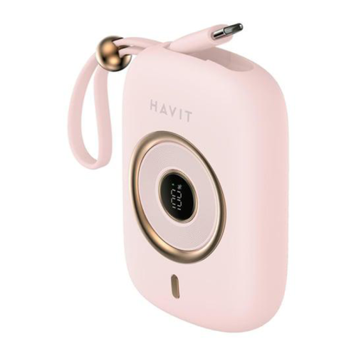 Havit PB5214 Mini Modern Power bank 10000mah PD35W With Built in Type c Cable Pink