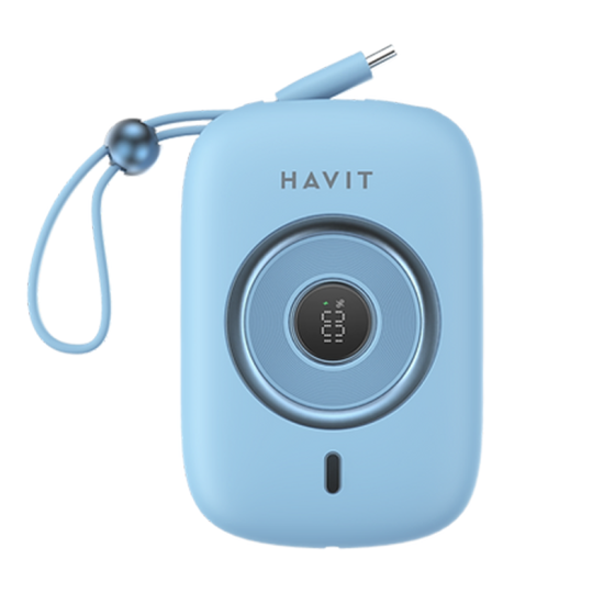 Havit PB5214 Mini Modern Power bank 10000mah PD35W With Built in Type c Cable Sky Blue