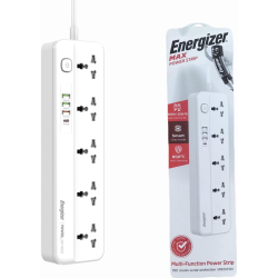 Energizer Max Power Strip 10A with Smart overload protection surge 5Output and 3 ports QC18w USB A And PD20w/2500w White