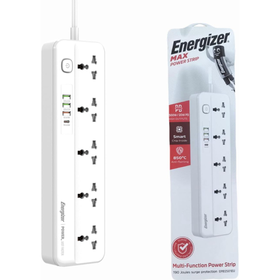 Energizer Max Power Strip 10A with Smart overload protection surge 5Output and 3 ports QC18w USB A And PD20w/2500w White