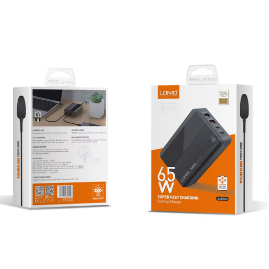 LDNIO POWER 4 Port 65W Super Fast Charging Desktop Charger – USB-C  1.5 Meters Black | A4808Q