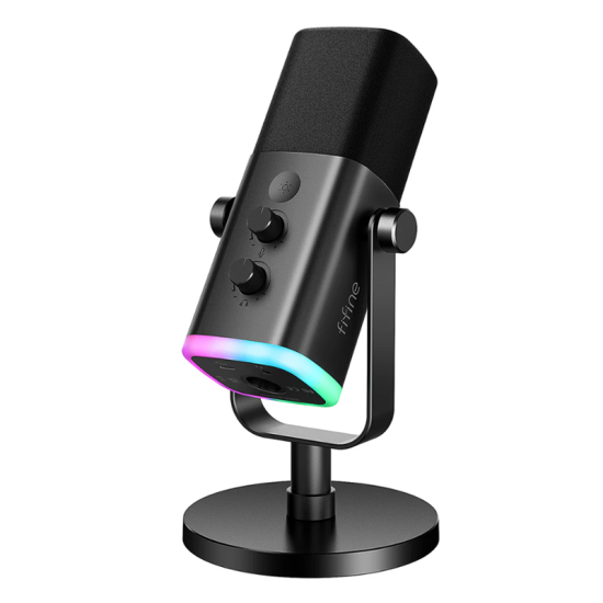 Fifine AmpliGame AM8 USB/XLR Dynamic Microphone with RGB, Touch-mute, I/O Controls, Live Monitoring for Streaming - Black