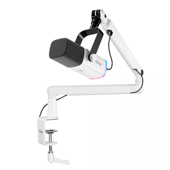 FIFINE TAM8W AmpliGame XLR/USB Dynamic Microphone With BM88 LOW-PROFILE MICROPHONE ARM STAND for Podcast Recording, with RGB Light, Mute Button, Headphones Jack (White)
