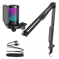 Fifine A6T AMPLIGAME USB Condenser MICROPHONE with Boom Arm, Pop Filter, Mute Button RGB FOR STREAMING ON PC/LAPTOP/PS4/5 Black