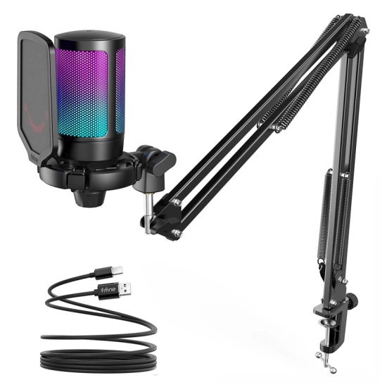 Fifine A6T AMPLIGAME USB Condenser MICROPHONE with Boom Arm, Pop Filter, Mute Button RGB FOR STREAMING ON PC/LAPTOP/PS4/5 Black