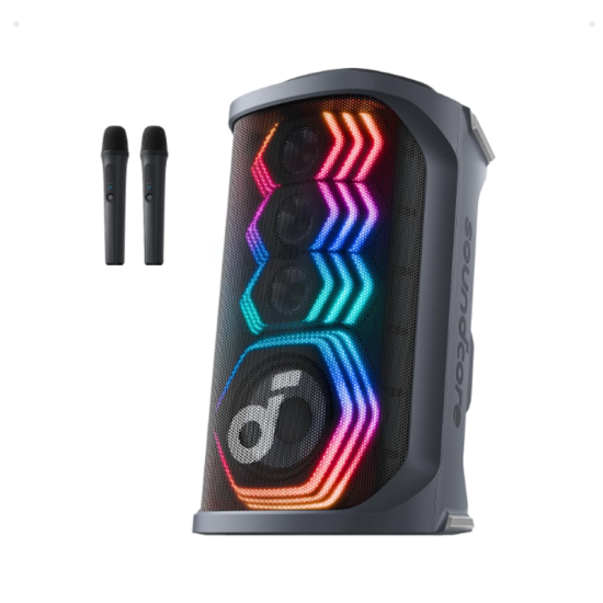 SoundCore Rave 3S AI Party Speaker with 2 Wireless Microphones, 200W Sound, AI Vocal Removal, Reverb, Light Show, 12H Playtime, Portable Bluetooth PA System for Home, Party, Black