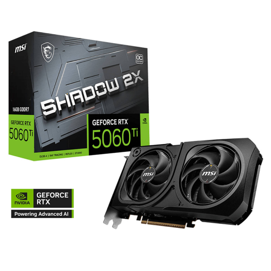 MSI GeForce RTX 5060 Ti 16GB SHADOW 2X OC PLUS Graphics Card, GDDR7 128-Bit Memory, 2602 MHz Boost Clock, 28 Gbps Memory Speed, 4608 CUDA Cores, PCI Express Gen 5 | 912-V535-029