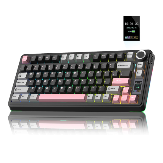 AULA S75 PRO Wireless Mechanical Keyboard with Screen& Knob, 75% Hot Swappable Gaming Keyboard with Pre-lubed Switches, RGB Backlit, PBT Keycaps Creamy Sounding Pc Gaming Keyboards Black&Gray&Pink