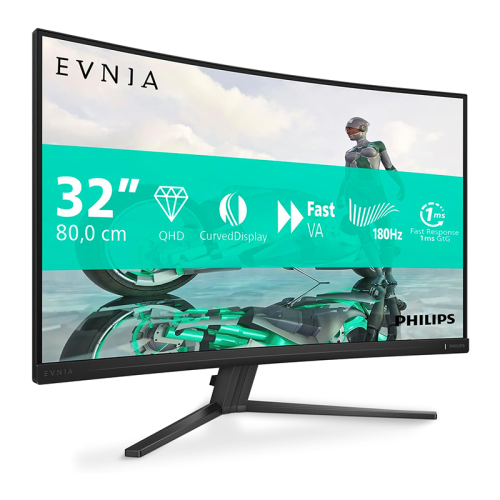 PHILIPS Evnia  31.5 inch QHD Curved Gaming Monitor, 180 Hz, 0.5 ms, FreeSync Premium, HDR10 (2560x1440, 2x HDMI, DisplayPort) Dark Gray | 32M2C3500L 