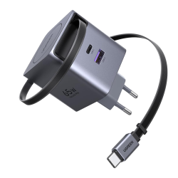 UGREEN 65W GaN Fast Charger with Retractable USB-C Cable, 2x USB-C + 1x USB-A - Grey | 65825
