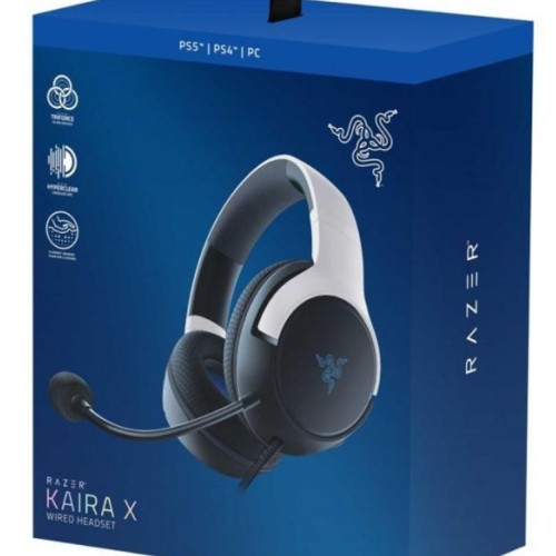 Razer Kaira X Wired Headset for Playstation 5, PC, Mac & Mobile Devices - Triforce 50mm Drivers, HyperClear Cardioid Mic, Flowknit Memory Foam Ear Cushions, On-Headset Controls - White/Black
