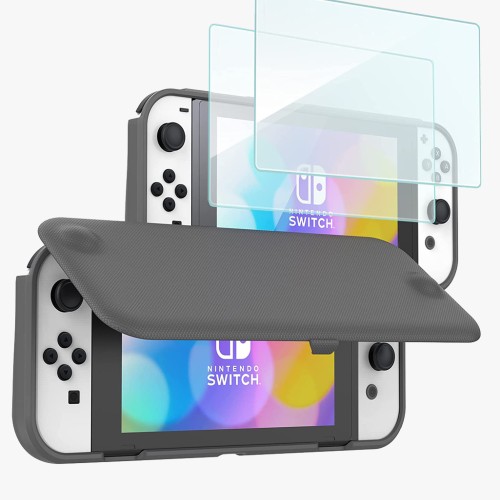 ProCase for Nintendo Switch OLED 2021 Flip Case with 2 Pack Tempered Glass Screen Protectors, Flip Case with Magnetically Detachable Front Cover for Nintendo Switch OLED -Grey