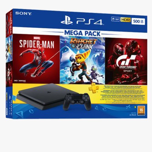 PS4 500GB Slim Bundled with Spider-Man, GT Sport, Ratchet & Clank And PSN 3Month