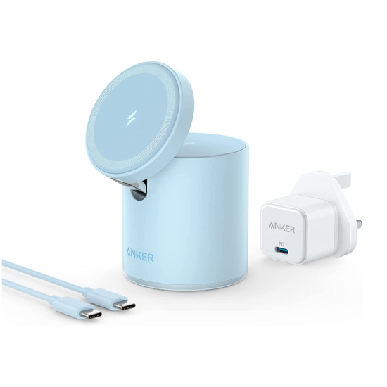 Anker 623 Magnetic Wireless Charger (MagGo), 2-in-1 Wireless Charging Station with 20W USB-C Charger, For iPhone 13/12 Series, AirPods Pro (Misty Blue)